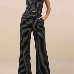 Lulus Pur-suit Of Chic Black Pinstripe Straight Leg Pants - Size XL